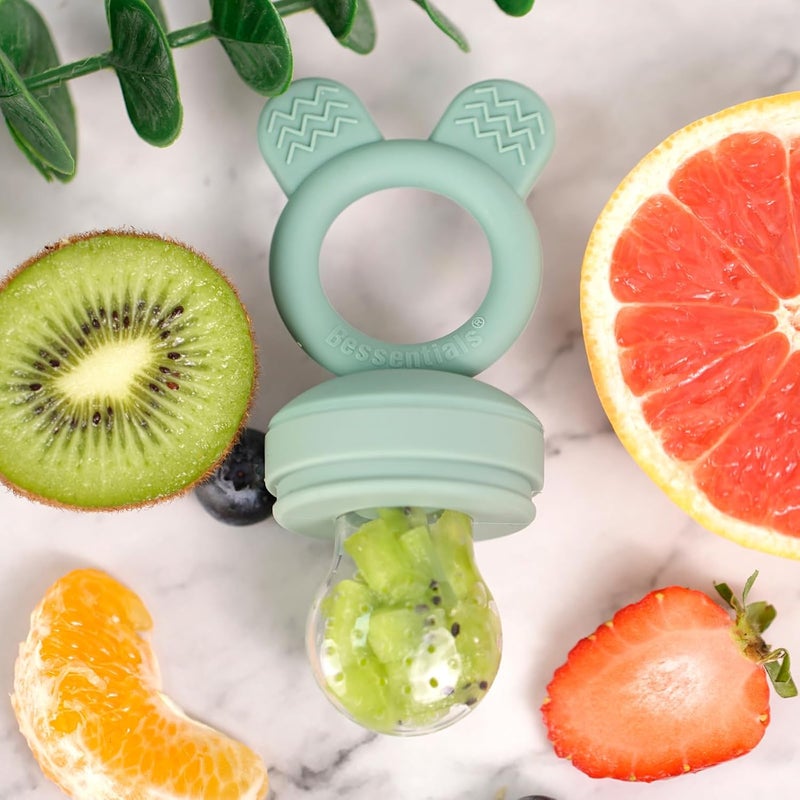 BESSENTIALS Bunny Baby Fresh Fruit Food Feeder - 2 Pack Silicone Mesh Feeders for Infant Safe Self Feeding |3 Sizes Food Pouches Included| Suitable for Baby 4m+ (Light Pink & Grass Green) - Image 5
